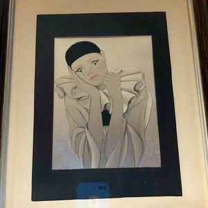 Pierrot Pretty Clown framed, metallic background, black Matt, glass art 1980’s.
